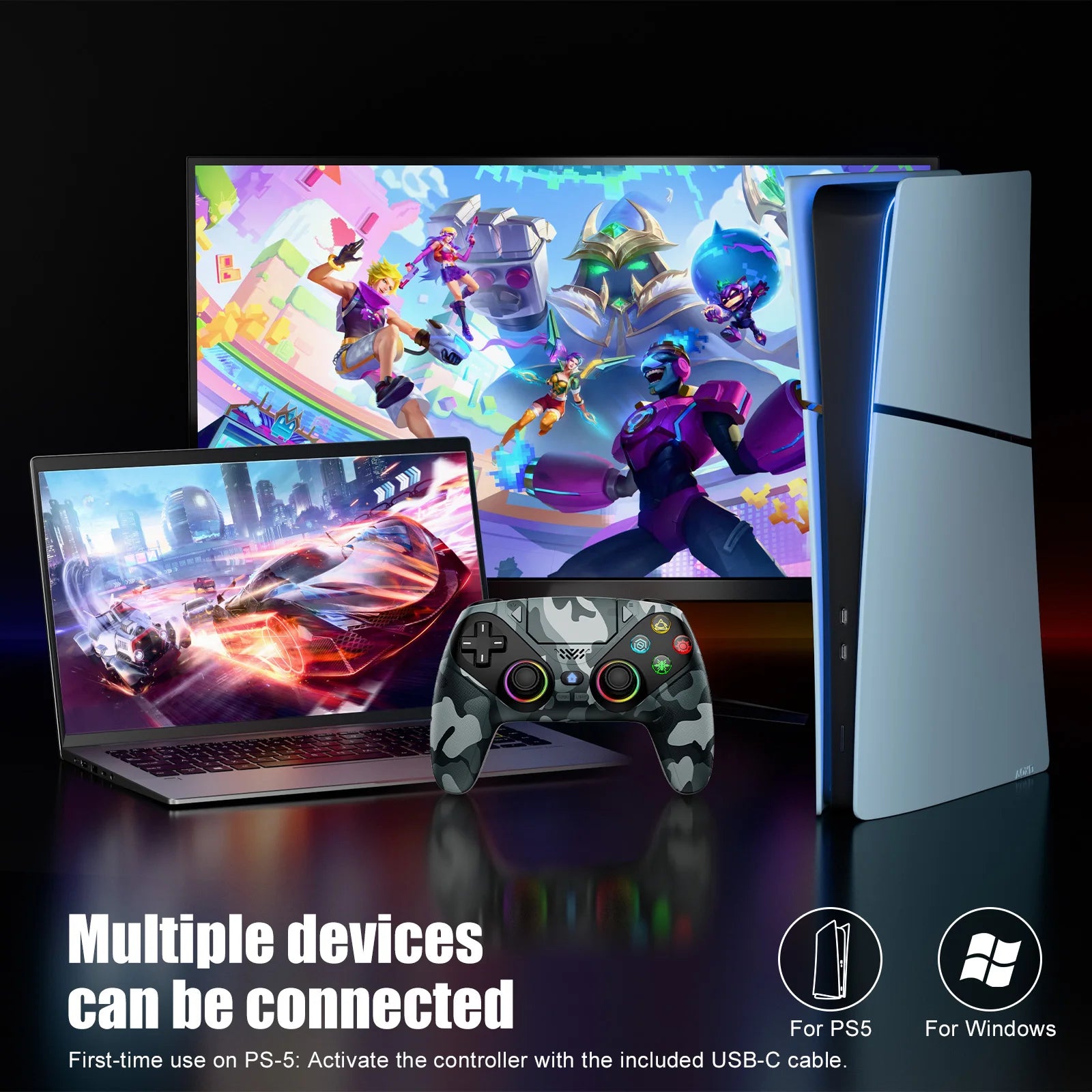 RGB Wireless Controller for PS5, PS5 Pro, PS5 Slim & PC