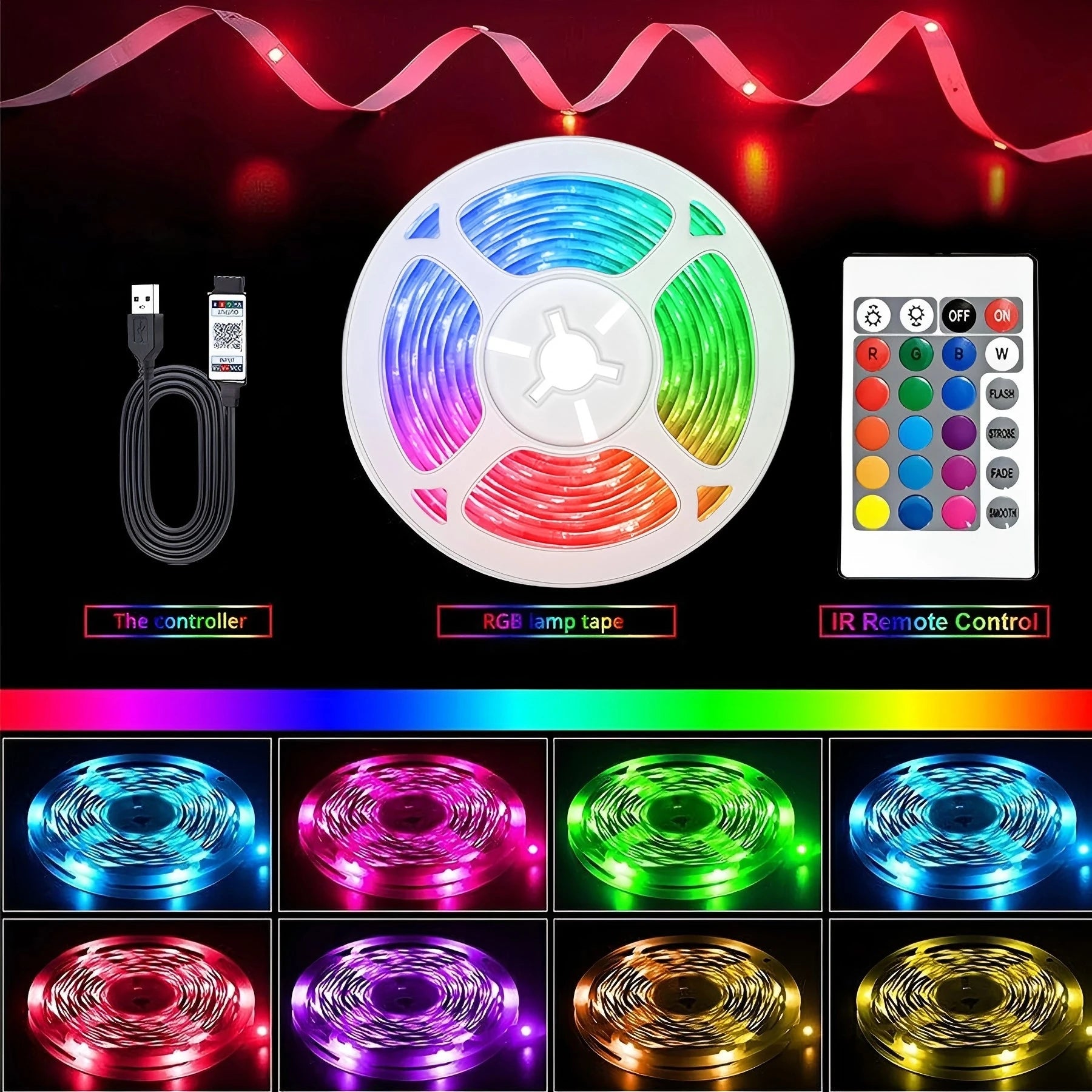 USB RGB LED Strip – 24-Key Remote, 5V Indoor Ambient Light