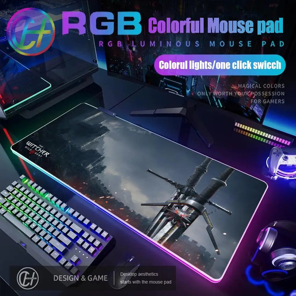 T_the W_witcher 3 Mouse Pad RGB Gaming Accessories Mouse Luminous Desk Mat Backlit Pad Cushion LED Large Gamer Luminous Mat
