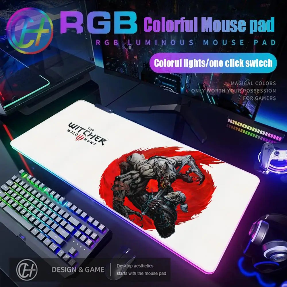 T_the W_witcher 3 Mouse Pad RGB Gaming Accessories Mouse Luminous Desk Mat Backlit Pad Cushion LED Large Gamer Luminous Mat