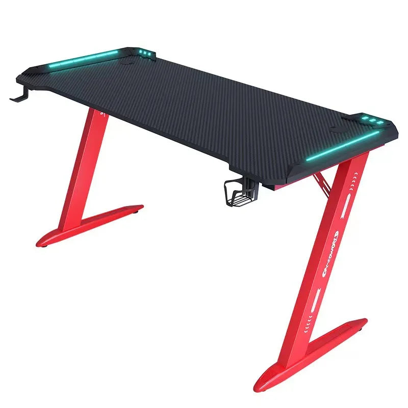 Gaming Desk with RGB LED Lights, Large Z-Shaped Gaming PC Desk with Carbon Fiber Desktop Computer Game Desk Table for Gamer