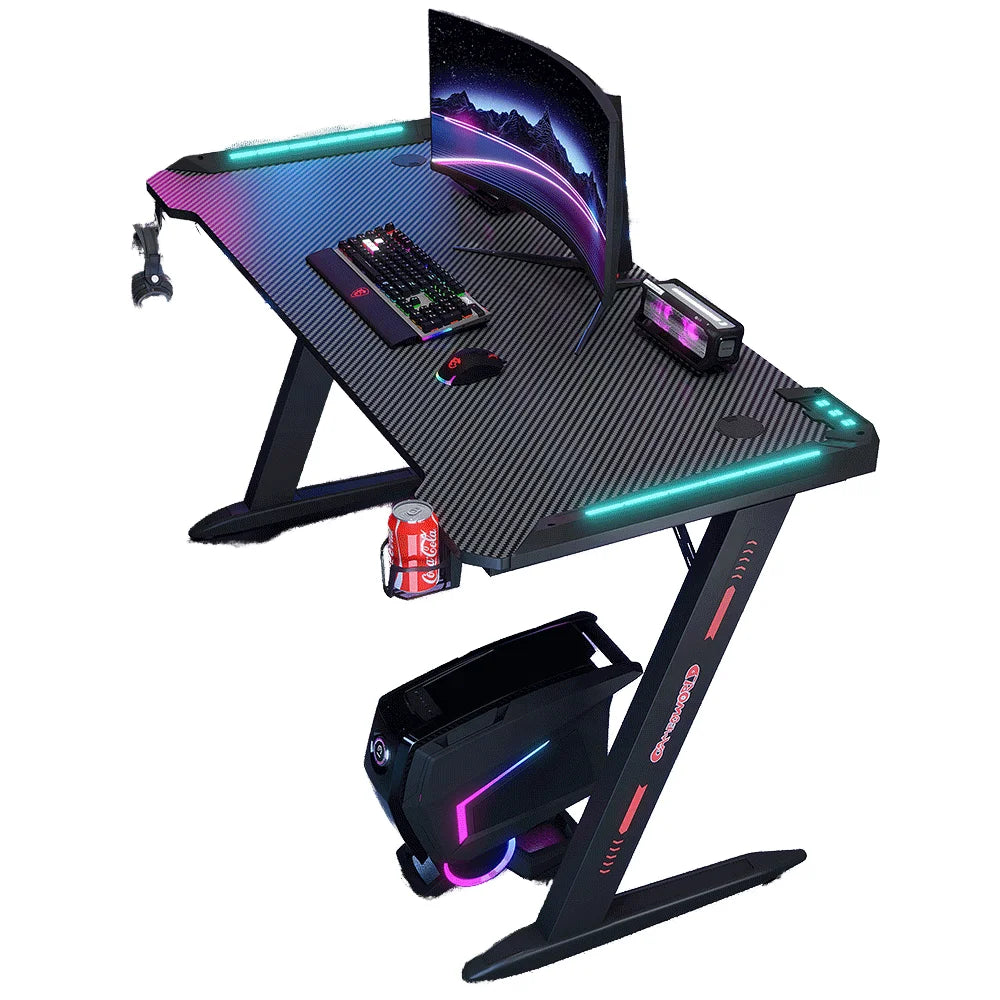 Gaming Desk with RGB LED Lights, Large Z-Shaped Gaming PC Desk with Carbon Fiber Desktop Computer Game Desk Table for Gamer