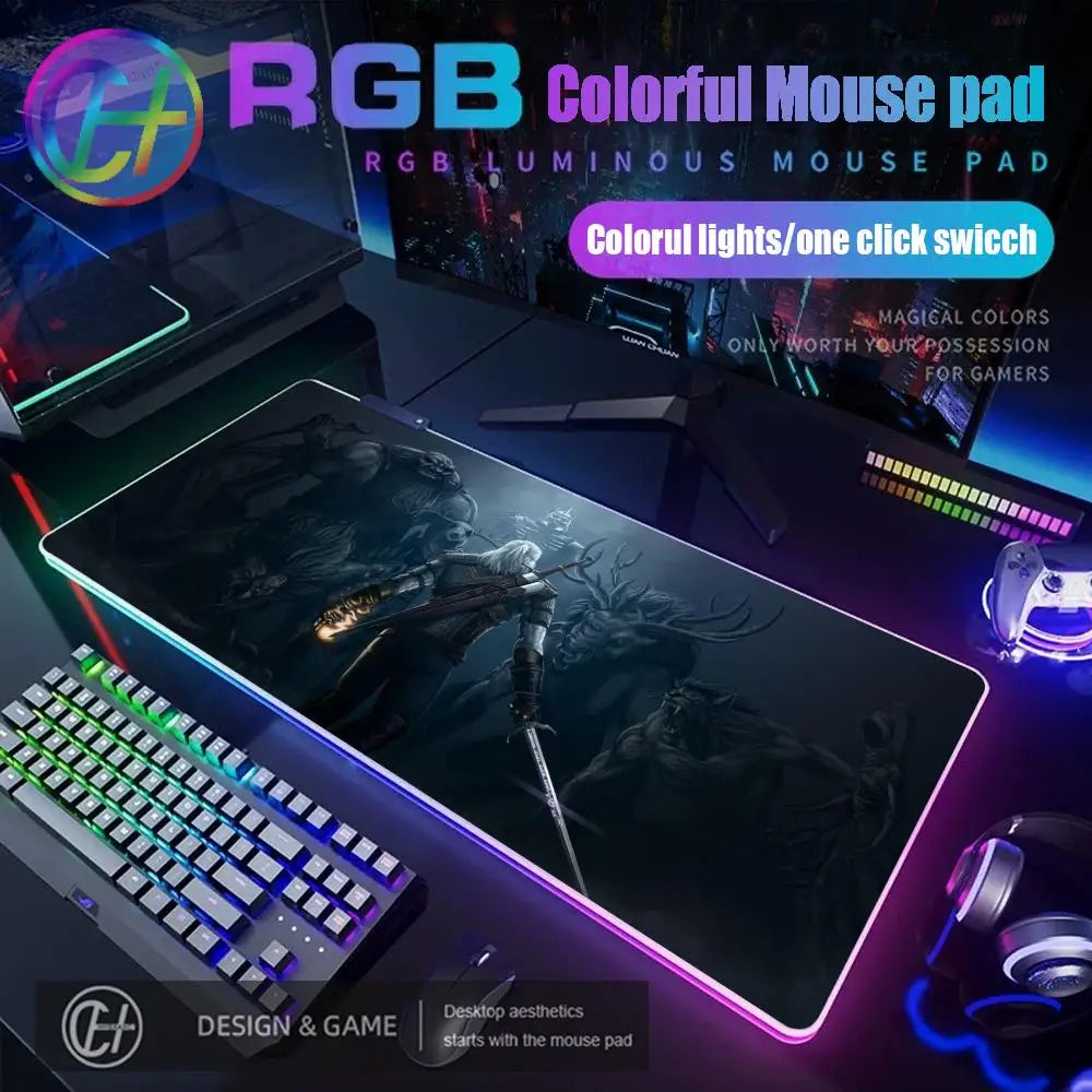 T_the W_witcher 3 Mouse Pad RGB Gaming Accessories Mouse Luminous Desk Mat Backlit Pad Cushion LED Large Gamer Luminous Mat