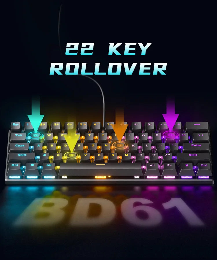60% Mechanical Gaming Keyboard – RGB Backlit, Compact 61-Key