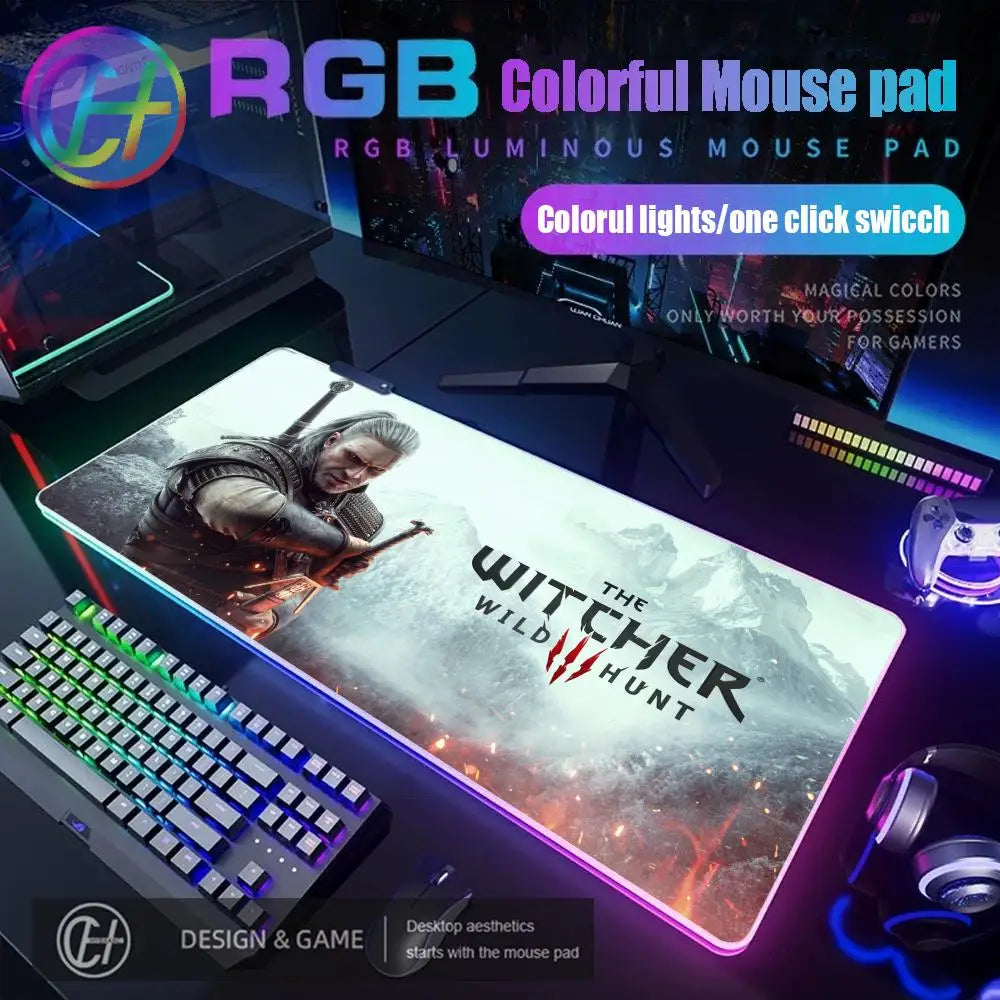 T_the W_witcher 3 Mouse Pad RGB Gaming Accessories Mouse Luminous Desk Mat Backlit Pad Cushion LED Large Gamer Luminous Mat