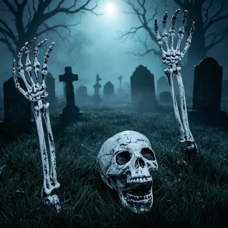 Halloween Outdoor Skeleton Ground Stakes, Realistic Skull & Skeleton Arm Hands Lawn Stakes, Graveyard Horror Yard Decor