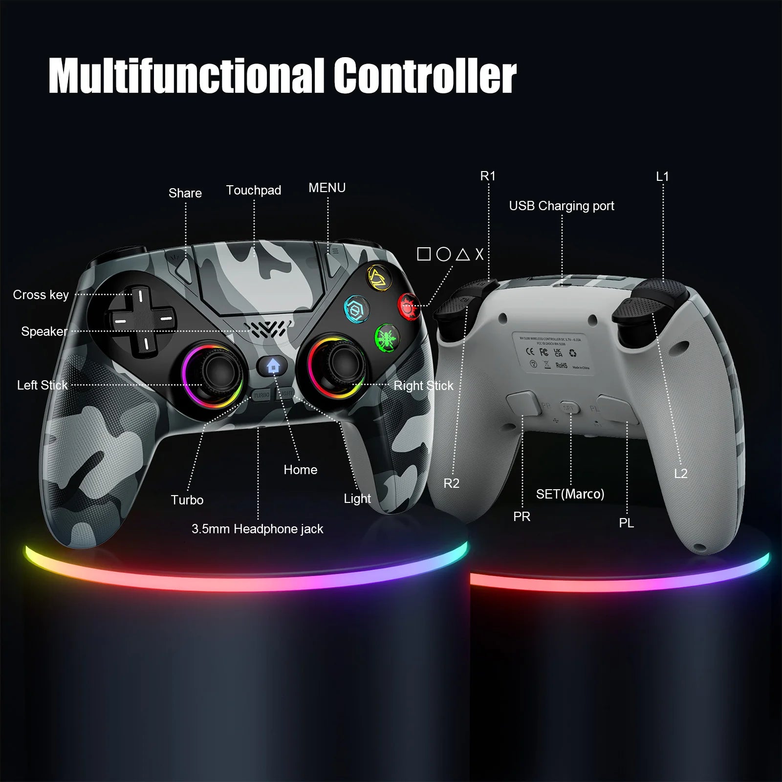 RGB Wireless Controller for PS5, PS5 Pro, PS5 Slim & PC