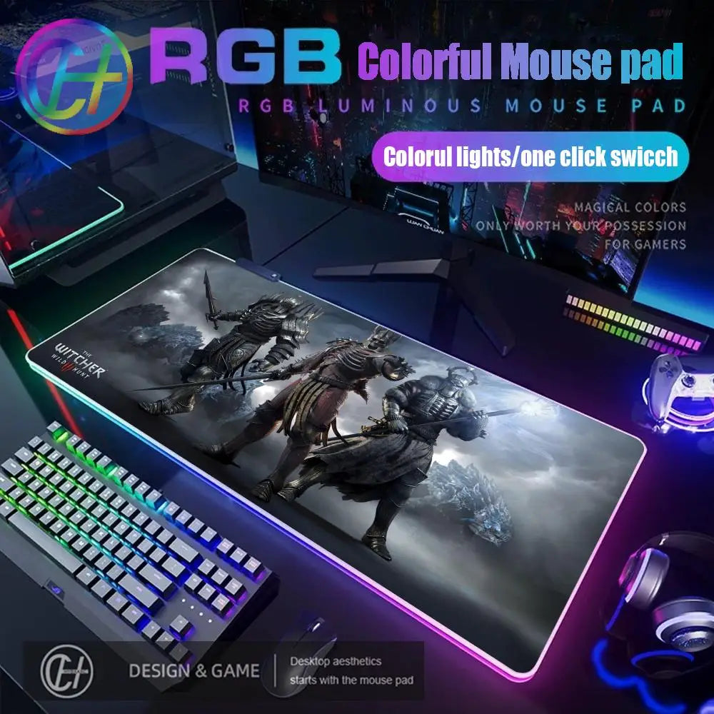 T_the W_witcher 3 Mouse Pad RGB Gaming Accessories Mouse Luminous Desk Mat Backlit Pad Cushion LED Large Gamer Luminous Mat