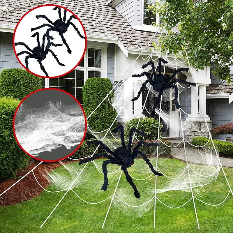Halloween Black Scary Giant Spider Huge Spider Web Halloween Decoration for Home Bar Haunted House Props Holiday Outdoor Decor