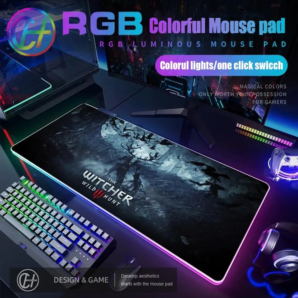 T_the W_witcher 3 Mouse Pad RGB Gaming Accessories Mouse Luminous Desk Mat Backlit Pad Cushion LED Large Gamer Luminous Mat
