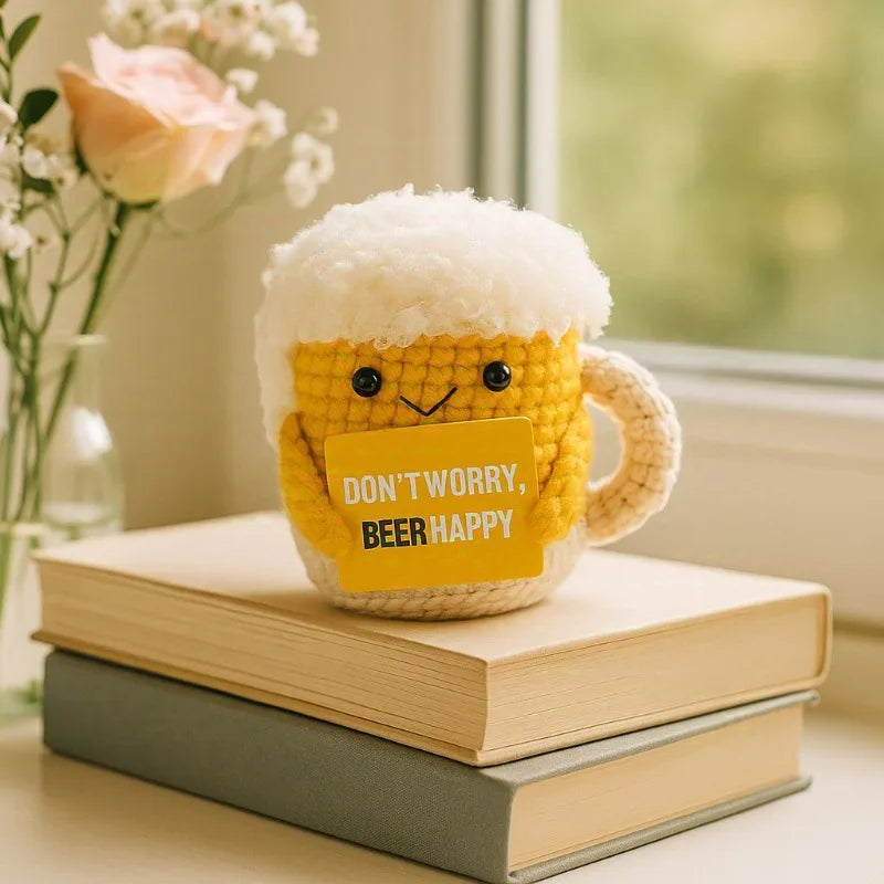 Funny Positive Beer Crochet Doll Pocket Hug Gift for Birthday Housewarming Party Decorations Christmas Halloween Gifts