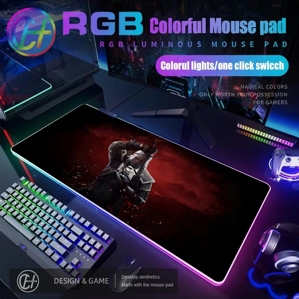 T_the W_witcher 3 Mouse Pad RGB Gaming Accessories Mouse Luminous Desk Mat Backlit Pad Cushion LED Large Gamer Luminous Mat