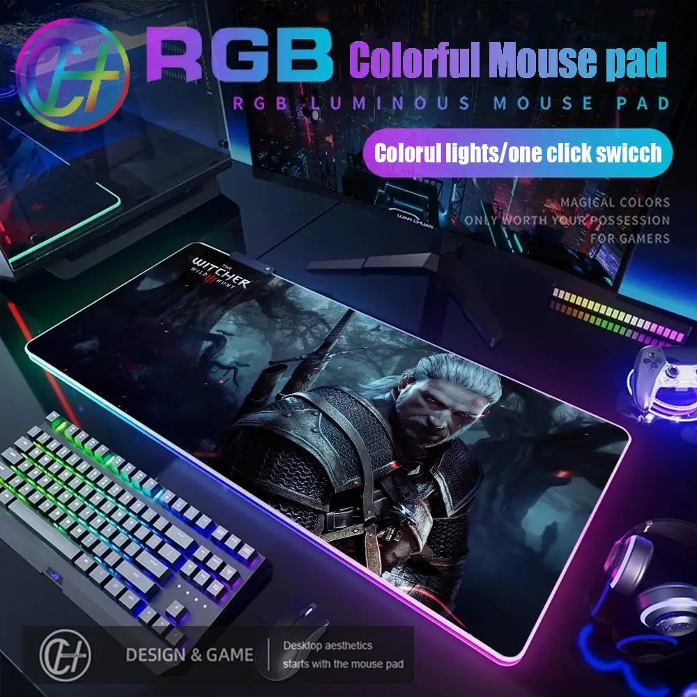 T_the W_witcher 3 Mouse Pad RGB Gaming Accessories Mouse Luminous Desk Mat Backlit Pad Cushion LED Large Gamer Luminous Mat