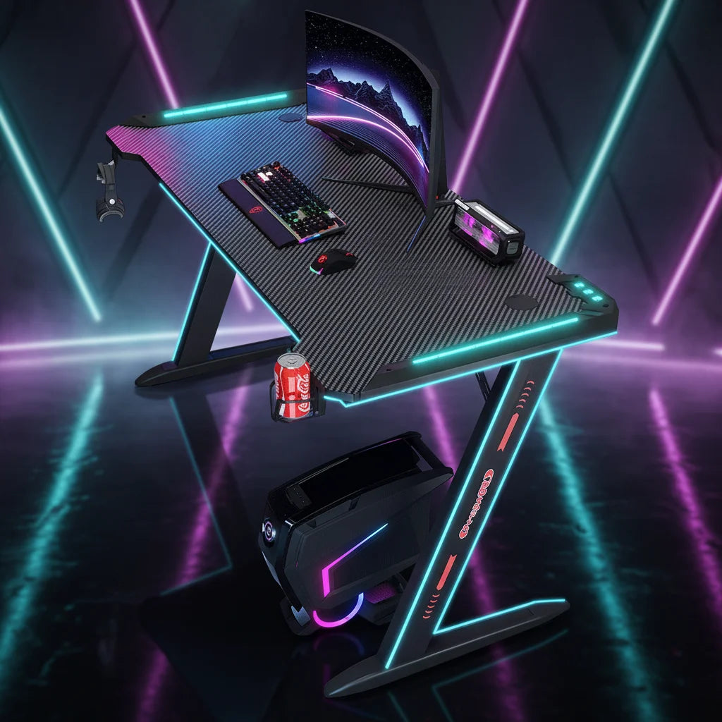 Gaming Desk with RGB LED Lights, Large Z-Shaped Gaming PC Desk with Carbon Fiber Desktop Computer Game Desk Table for Gamer