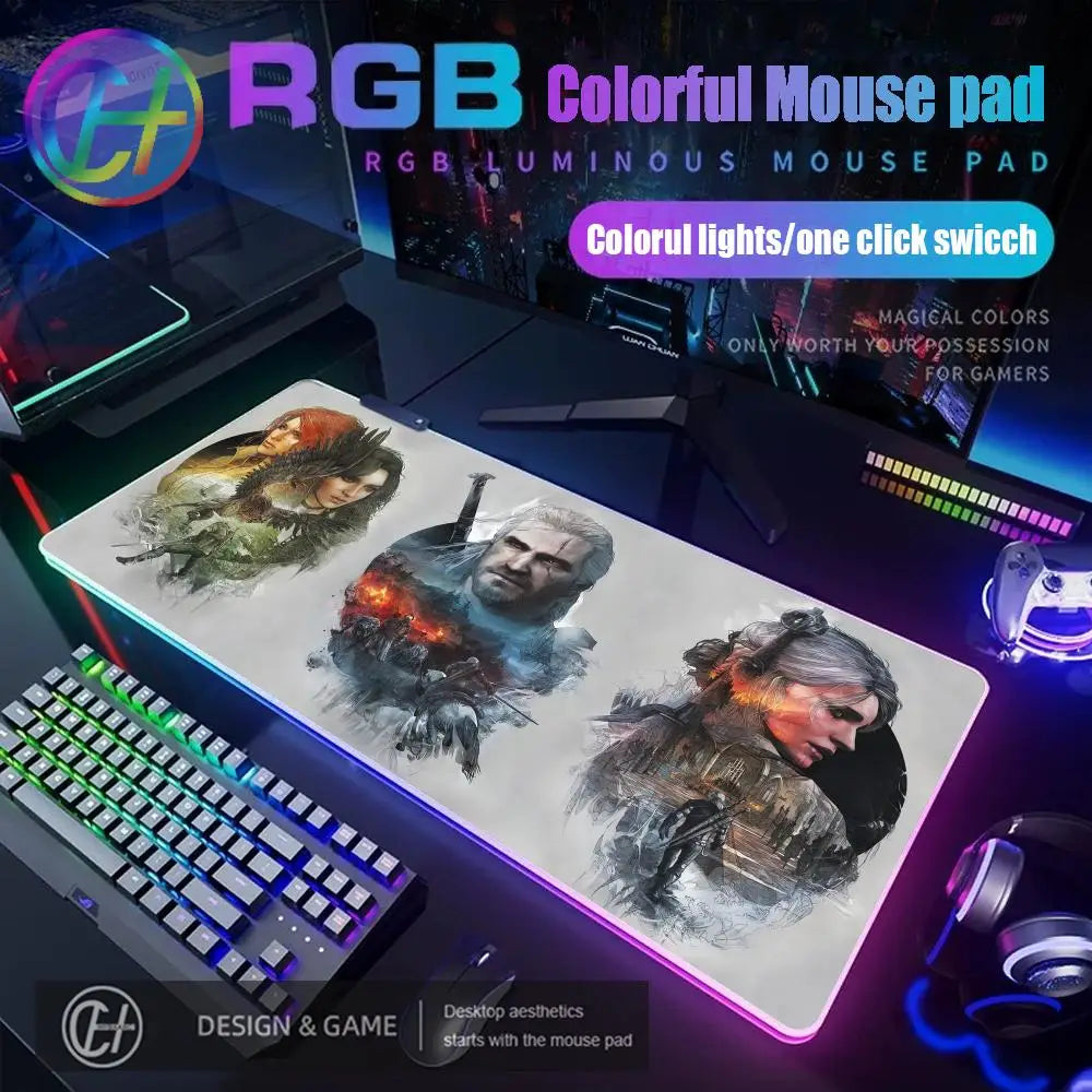T_the W_witcher 3 Mouse Pad RGB Gaming Accessories Mouse Luminous Desk Mat Backlit Pad Cushion LED Large Gamer Luminous Mat