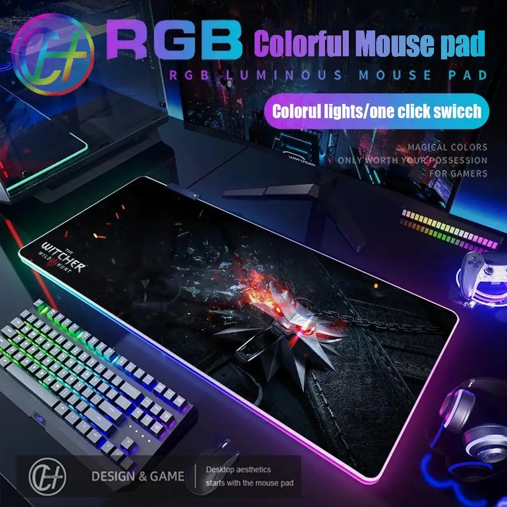 T_the W_witcher 3 Mouse Pad RGB Gaming Accessories Mouse Luminous Desk Mat Backlit Pad Cushion LED Large Gamer Luminous Mat