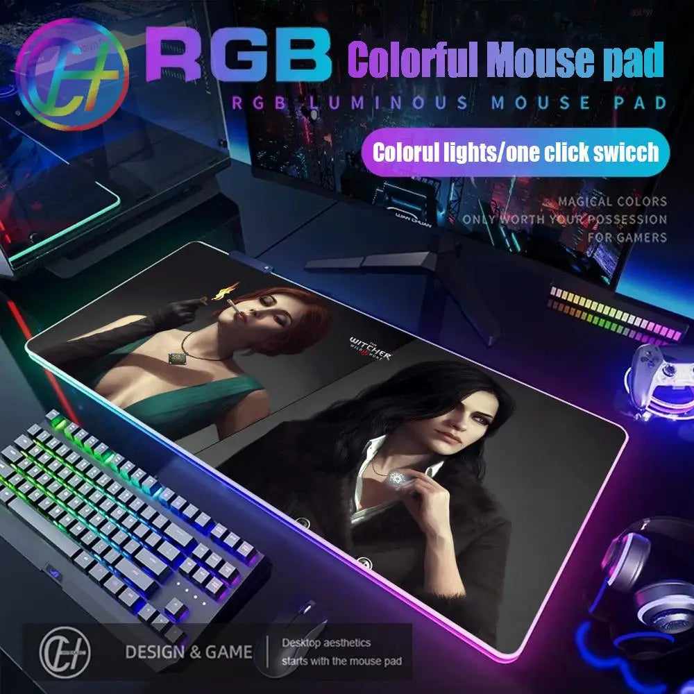 T_the W_witcher 3 Mouse Pad RGB Gaming Accessories Mouse Luminous Desk Mat Backlit Pad Cushion LED Large Gamer Luminous Mat