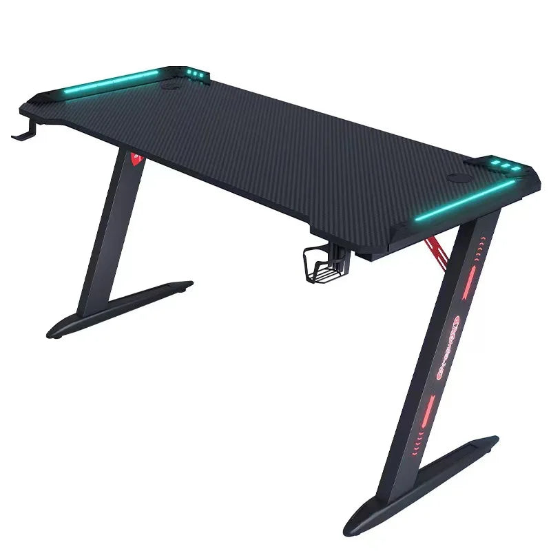 Gaming Desk with RGB LED Lights, Large Z-Shaped Gaming PC Desk with Carbon Fiber Desktop Computer Game Desk Table for Gamer