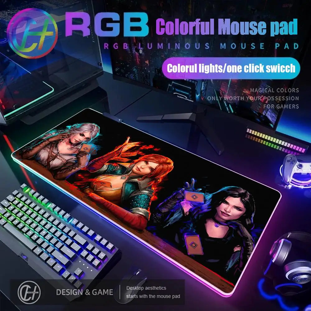 T_the W_witcher 3 Mouse Pad RGB Gaming Accessories Mouse Luminous Desk Mat Backlit Pad Cushion LED Large Gamer Luminous Mat