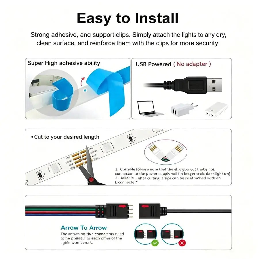 USB RGB LED Strip – 24-Key Remote, 5V Indoor Ambient Light