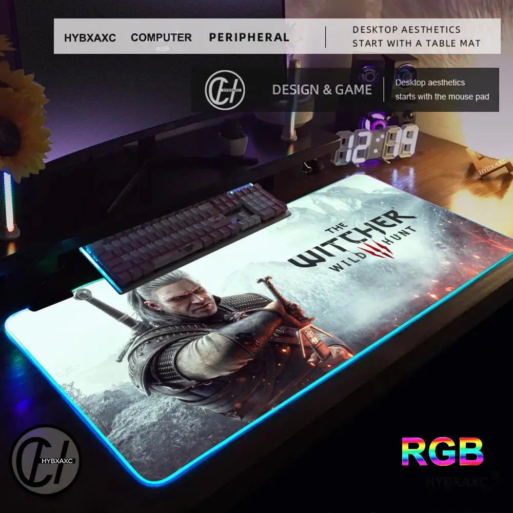 T_the W_witcher 3 Mouse Pad RGB Gaming Accessories Mouse Luminous Desk Mat Backlit Pad Cushion LED Large Gamer Luminous Mat