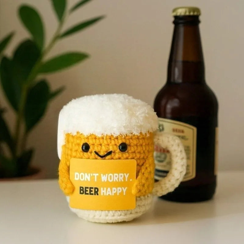 Funny Positive Beer Crochet Doll Pocket Hug Gift for Birthday Housewarming Party Decorations Christmas Halloween Gifts